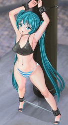 Rule 34 | 1girl, aqua eyes, aqua hair, armpits, arms up, aruman, bdsm, bondage, bound, bound legs, bound wrists, bra, breasts, female focus, hatsune miku, highres, long hair, looking at viewer, navel, necktie, open mouth, panties, ponytail, sandals, solo, spreader bar, standing, striped clothes, striped panties, thighhighs, twintails, underwear, vocaloid