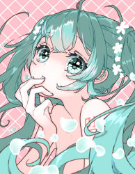Rule 34 | 1girl, eyelashes, finger to mouth, green eyes, green hair, green nails, hair censor, hatsune miku, highres, looking at viewer, nail polish, one-hour drawing challenge, petals, pink background, ritash, shoulder tattoo, solo, tattoo, topless, twintails, upper body, vocaloid