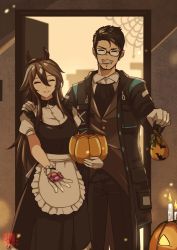 Rule 34 | 1boy, 1girl, absurdres, alternate costume, animal ears, arknights, black jacket, black pants, brown hair, candle, candy, commentary, doctor (arknights), english commentary, ezraqi, food, glasses, gloves, hair between eyes, halloween, halloween bucket, highres, holding, holding candy, holding food, horse ears, jack-o&#039;-lantern, jacket, long hair, maid, male doctor (arknights), meteor (arknights), pants, short hair, signature, smile, standing, white gloves