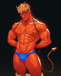 Rule 34 | 1boy, abs, arms behind back, artist name, bara, blonde hair, blue eyes, blue male underwear, brown pants, closed mouth, clothes lift, clothes pull, colored skin, demon boy, demon horns, demon tail, glasses, highres, horns, large pectorals, looking at viewer, male focus, male underwear, muscular, muscular male, navel, nipples, original, pants, pants pull, pectorals, red skin, shirt behind neck, shirt lift, short hair, smile, solo, tail, thick thighs, thighs, underwear, xelgot
