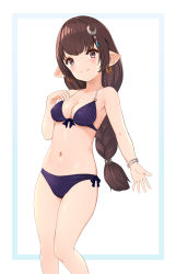 Rule 34 | 1girl, absurdres, bikini, blush, breasts, brown eyes, brown hair, cleavage, collarbone, commentary request, earrings, granblue fantasy, haaselia, hair ornament, highres, jewelry, long braid, long hair, looking at viewer, marui koishi, medium breasts, navel, simple background, solo, swimsuit, white background