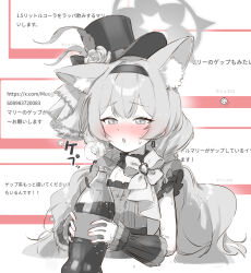 1girl absurdres animal_ears black_choker black_dress black_hairband black_hat blue_archive blush bottle cat_ears cat_girl choker cola detached_sleeves dress eshineko flower hair_between_eyes hairband hat hat_flower highres holding holding_bottle long_hair mari_(blue_archive) mari_(idol)_(blue_archive) partially_colored ribbon sidelocks tail top_hat twintails white_ribbon