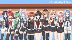 Rule 34 | 6+girls, :o, ahoge, arms around neck, asymmetrical bangs, asymmetrical clothes, bare shoulders, beret, black gloves, black neckerchief, black ribbon, black serafuku, black skirt, black socks, black thighhighs, blonde hair, blue eyes, blue hair, blue neckerchief, blush, braid, breasts, bridal gauntlets, brown eyes, brown hair, buttons, choker, closed mouth, commentary request, delinquent, double-breasted, elbow gloves, feet out of frame, fingerless gloves, flower, gloves, gradient hair, green eyes, green hair, green neckerchief, hair between eyes, hair flaps, hair flower, hair ornament, hair over shoulder, hair ribbon, hair tie, hairband, hairclip, harusame (kancolle), hat, highres, kantai collection, kawakaze (kancolle), light brown hair, long hair, looking at viewer, low twintails, makiyuki, messy hair, mole, mole under eye, multicolored hair, multiple girls, murasame (kancolle), murasame kai ni (kancolle), neckerchief, necktie, one eye closed, open mouth, orange eyes, parted bangs, pink hair, pleated skirt, pointy ears, ponytail, purple ribbon, red eyes, red hair, red hairband, red neckerchief, red necktie, red ribbon, ribbon, sailor collar, samidare (kancolle), scarf, school uniform, serafuku, shigure (kancolle), shiratsuyu (kancolle), shiratsuyu kai ni (kancolle), shirt, short hair, side ponytail, sidelocks, single braid, skirt, sleeveless, sleeveless shirt, smile, socks, standing, striped, striped background, sukeban, suzukaze (kancolle), swept bangs, thighhighs, twin braids, twintails, two side up, umikaze (kancolle), very long hair, whistle, whistle around neck, white choker, white gloves, white hair, white hairband, white headwear, white scarf, white serafuku, white skirt, yamakaze (kancolle), yamakaze kai ni (kancolle), yellow eyes, yuudachi (kancolle), zettai ryouiki, zipper