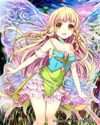 Rule 34 | 1girl, alternate color, bare shoulders, blonde hair, braid, breasts, butterfly wings, cleavage, commentary request, dress, fairy, fairy wings, insect wings, long hair, medium breasts, mirror image, open mouth, original, pointy ears, smile, solo, tin (wsp85205), twin braids, watermark, wings, yellow eyes