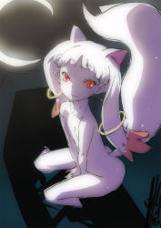 Rule 34 | 10s, :3, androgynous, animal ears, cat ears, cat tail, crescent moon, furry, furry male, gender request, kyubey, looking at viewer, looking up, mahou shoujo madoka magica, mahou shoujo madoka magica (anime), moon, night, nude, personification, red eyes, sameda koban, silver hair, sitting, sketch, solo, tail, v arms