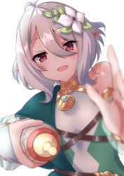 Rule 34 | 1girl, baby bottle, blush, bottle, breasts, elf, flower hair ornament, foreshortening, highres, kokkoro (princess connect!), looking at viewer, open mouth, pink eyes, pointy ears, princess connect!, red eyes, silver hair, small breasts, smile, white hair, yamano rokamizu