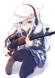 Rule 34 | 1girl, bad id, bad pixiv id, black pantyhose, boots, camouflage, dragunov svd, gun, hammer and sickle, hat, hibiki (kancolle), kantai collection, kneeling, on one knee, pantyhose, rifle, silver hair, simple background, sniper rifle, verniy (kancolle), weapon, white background