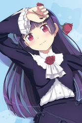 Rule 34 | 1girl, absurdres, arm up, blue background, blunt bangs, blush, bow, buttons, closed mouth, commentary, flower, frills, gokou ruri, highres, holding, holding flower, long hair, long sleeves, mole, mole under eye, nail polish, neck flower, ore no imouto ga konna ni kawaii wake ga nai, pink nails, purple hair, red eyes, red flower, scarletsky, shirt, skirt, smile, solo, white ascot, white shirt