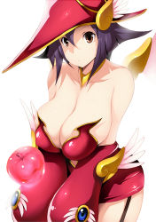 Rule 34 | 1girl, alternate breast size, apple, apple magician girl, bare shoulders, breasts, brown eyes, cleavage, detached sleeves, dress, duel monster, food, fruit, garter straps, hat, huge breasts, jewelry, leaning forward, purple hair, short dress, short hair, smile, solo, strapless, tsukasawa takamatsu, wings, witch hat, wizard hat, yu-gi-oh!