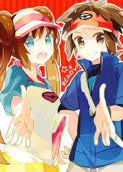 Rule 34 | 10s, 1boy, 1girl, bad id, bad pixiv id, bag, blue eyes, brown eyes, brown hair, creatures (company), double bun, english text, game freak, hair bun, hand on own hip, hat, hip focus, jacket, long hair, looking at viewer, messenger bag, namie-kun, nate (pokemon), nintendo, open mouth, outline, outstretched hand, pokemon, pokemon bw2, raglan sleeves, red background, rosa (pokemon), short hair, shoulder bag, smile, star (symbol), striped, striped background, twintails, visor cap