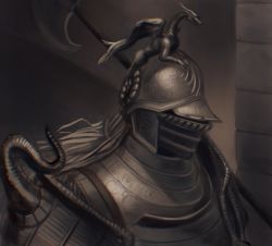 Rule 34 | 1other, armor, banished knight, breastplate, brown theme, elden ring, full armor, halberd, helmet, highres, holding, holding polearm, holding weapon, monochrome, pauldrons, polearm, shoulder armor, sleepysolaire, solo, weapon