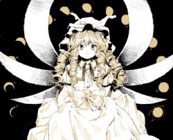 Rule 34 | 1girl, alternate hair length, alternate hairstyle, black background, bow, dress, drill hair, fairy wings, hat, kaigen 1025, long hair, looking at viewer, luna child, mob cap, monochrome, moon phases, simple background, solo, touhou, upper body, white dress, wings, yellow eyes