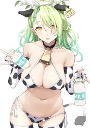 Rule 34 | 1girl, animal ears, animal print, antlers, bell, bikini, bottle, braid, breasts, ceres fauna, cleavage, cow ears, cow print, cow print bikini, cow tail, cowbell, duplicate, ear tag, green hair, green nails, highres, hololive, hololive english, horns, large breasts, long hair, looking at viewer, midriff, milk, milk bottle, mitsuru (pixiv 34028718), mole, mole under eye, nail polish, navel, neck bell, open mouth, print bikini, print thighhighs, simple background, solo, swimsuit, tail, thighhighs, virtual youtuber, white background, yellow eyes, zettai ryouiki