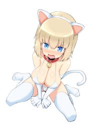 Rule 34 | 10s, 1girl, alternate breast size, animal ears, bikini, blonde hair, blue eyes, blush, breasts, cat ears, cat tail, cleavage, embarrassed, fake animal ears, fang, full body, girls und panzer, highres, ishioto, katyusha (girls und panzer), large breasts, micro bikini, navel, neck bell, open mouth, simple background, sitting, solo, swimsuit, tail, thighhighs, wariza, wavy mouth, white background, white thighhighs