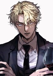 Rule 34 | 1boy, alcohol, black jacket, black necktie, black vest, blonde hair, collared shirt, commentary, crossed arms, dio brando, drop shadow, eyelashes, grey eyes, hair between eyes, jacket, jojo no kimyou na bouken, looking at viewer, male focus, necktie, shirt, solo, vest, white shirt, wine, zkc fes