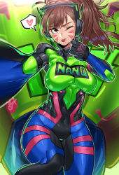 Rule 34 | 1girl, ;p, alternate breast size, bodysuit, breasts, brown eyes, brown hair, colored tips, curvy, d.va (overwatch), facial mark, from above, gamjasssak, headphones, heart, highres, impossible bodysuit, impossible clothes, large breasts, long hair, looking at viewer, lying, mecha, meka (overwatch), multicolored hair, nano cola d.va, official alternate costume, on back, one eye closed, outstretched arm, overwatch, overwatch 1, ponytail, reaching, reaching towards viewer, robot, selfie, shoulder pads, skin tight, solo, spoken heart, swept bangs, taking picture, thigh gap, tongue, tongue out, whisker markings, wide hips, wireless