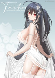 Rule 34 | 1girl, absurdres, ass, azur lane, backless dress, backless outfit, black hair, breasts, character name, cocktail dress, dress, earrings, evening gown, from behind, garter straps, hair ornament, hair strand, highres, jewelry, large breasts, long hair, looking at viewer, looking back, official alternate costume, plunging neckline, porko, red eyes, sakura empire (emblem), see-through, see-through dress, sideboob, skirt hold, sleeveless, sleeveless dress, taihou (azur lane), taihou (temptation on the sea breeze) (azur lane), thighhighs, very long hair, wedding dress, white dress, white thighhighs