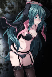 Rule 34 | 1girl, arms up, bad id, bad pixiv id, bdsm, black bra, black jacket, black panties, black thighhighs, blue hair, blush, bondage, bound, bow, bow bra, bra, breasts, cleavage, collarbone, cowboy shot, cuffs, female focus, frilled bra, frills, garter belt, green eyes, green nails, groin, hair between eyes, handcuffs, hatsune miku, highres, honey whip (module), jacket, long hair, medium breasts, nail polish, navel, open clothes, open jacket, panties, pink bow, project diva (series), restrained, shiny clothes, sideboob, solo, standing, sweet devil (vocaloid), tears, thighhighs, tsukishiro saika, underwear, very long hair, vocaloid