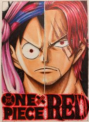 Rule 34 | 2boys, artist request, beard, black cape, cape, facial hair, glowing, glowing eyes, hat, highres, logo, monkey d. luffy, multiple boys, muscular, oda eiichirou (style), official style, one piece, one piece film: red, pirate hat, red hair, scar, scar across eye, scar on face, serious, shanks (one piece), sheath, shirt, short hair, simple background, standing, twitter username, white shirt