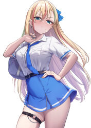 Rule 34 | 1girl, absurdres, bag, belt, black belt, blonde hair, blue eyes, blue necktie, blue skirt, blush, breasts, closed mouth, collared shirt, delinquent, dress shirt, earrings, green hair, hair between eyes, hair ribbon, hand on own hip, hand up, highres, jewelry, karaage bou, large breasts, long hair, looking at viewer, multicolored hair, necktie, original, pocket, pout, red hair, ribbon, school bag, school uniform, shirt, shirt tucked in, short sleeves, skirt, solo, streaked hair, thigh strap, thighs, white background, white shirt