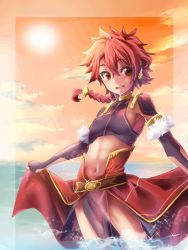 Rule 34 | 1boy, alexander (fate), armor, bad id, bad pixiv id, braid, cape lift, clothes lift, fate/grand order, fate (series), leather, leather armor, long hair, male focus, midriff, mitsu (nonoko05), partially submerged, red eyes, red hair, single braid, skirt, skirt lift, solo, sun, wading