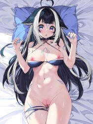 Rule 34 | 1girl, ahoge, animal ears, arm tattoo, bikini, bikini top only, blue eyes, blue hair, blue nails, breast tattoo, breasts, breasts out, cat, cat ears, cleft of venus, curvy, ears, exposed chest, facial tattoo, heart-shaped ahoge, highres, long hair, lying, medium breasts, orca, pillow, pussy, pussy juice, pussy juice drip, pussy juice trail, shylily, solo, stomach, surprised, swimsuit, tattoo, tattoo on legs, thigh strap, thighs, virtual youtuber, white hair, wide hips