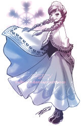 Rule 34 | 1girl, anna (frozen), arms behind back, bad id, bad tumblr id, boots, braid, caplet, freckles, frozen (disney), headdress, highres, long hair, long skirt, monochrome, robaato, skirt, smile, solo, twin braids, watermark, web address