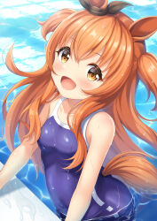 Rule 34 | 1girl, 7fuji 06, absurdres, animal ears, blush, bow, breasts, competition school swimsuit, ear bow, highres, horse ears, horse girl, horse tail, long hair, looking at viewer, mayano top gun (umamusume), one-piece swimsuit, open mouth, orange hair, partially submerged, pool, school swimsuit, small breasts, smile, solo, swimsuit, tail, tracen swimsuit, two side up, umamusume, very long hair, water, water drop, wet, yellow eyes