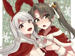 Rule 34 | 2girls, akagi kurage, animal ears, bad id, bad twitter id, bell, blush, bow, breasts, capelet, christmas, cleavage, fake animal ears, fur-trimmed capelet, fur trim, green eyes, grey hair, hair ribbon, jingle bell, kantai collection, long hair, looking at viewer, multiple girls, open mouth, rabbit ears, red capelet, red eyes, ribbon, santa costume, shoukaku (kancolle), simple background, sketch, snowflakes, twintails, upper body, white hair, white ribbon, zuikaku (kancolle)