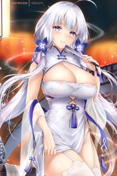 Rule 34 | 1girl, ahoge, artist name, azur lane, blue eyes, blush, breasts, bursting breasts, china dress, chinese clothes, cleavage, closed mouth, cowboy shot, dress, folded fan, folding fan, garter straps, hand fan, holding, holding fan, huge breasts, illustrious (azur lane), illustrious (maiden lily&#039;s radiance) (azur lane), large breasts, long hair, looking at viewer, mole, mole under eye, patreon username, rei kun, smile, solo, thighhighs, thighs, white dress, white hair, white thighhighs