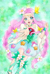 Rule 34 | 1girl, :d, aizen (syoshiyuki), blue eyes, blue skirt, bow, braid, choker, circlet, cure felice, earrings, flower, green background, ha-chan (mahou girls precure!), hair flower, hair ornament, hanami kotoha, highres, jewelry, leg ribbon, long hair, looking at viewer, magical girl, mahou girls precure!, multicolored eyes, open mouth, outstretched hand, pink bow, pink eyes, pink hair, precure, ribbon, sidelocks, skirt, smile, solo, spoilers, twin braids, wrist cuffs