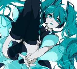 Rule 34 | 1girl, aqua eyes, aqua hair, black skirt, black thighhighs, crypton future media, eiku, feet out of frame, hatsune miku, headset, legs up, long hair, looking at viewer, lying, on back, open mouth, parted lips, piapro, shirt, skirt, sleeveless, sleeveless shirt, solo, thighhighs, twintails, two-sided fabric, two-sided skirt, very long hair, vocaloid, white background