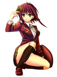 Rule 34 | 1girl, arm support, black socks, blazer, breasts, card, censored, convenient censoring, duel academy uniform (yu-gi-oh! 5d&#039;s), full body, holding, holding card, izayoi aki, jacket, large breasts, red hair, school uniform, shoes, short hair, short hair with long locks, simple background, socks, solo, white background, yellow eyes, yu-gi-oh!, yu-gi-oh! 5d&#039;s, yui tooru