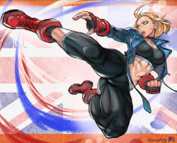 Rule 34 | 1girl, abs, absurdres, ahoge, artist name, ass, black legwear, blonde hair, blue jacket, bob cut, boots, breasts, cammy white, capcom, choker, collarbone, crop top, cropped jacket, fingerless gloves, flying kick, full body, gloves, highres, jacket, juaag acgy, kicking, long sleeves, medium breasts, muscular, muscular female, open clothes, open jacket, pants, red footwear, scar, short hair, solo, street fighter, street fighter 6, studded jacket, tight clothes, tight pants, union jack
