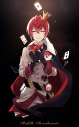 Rule 34 | 1pinpon, absurdres, antenna hair, blue eyes, blush, cape, card, character name, crown, flower, gloves, gold trim, highres, holding, holding flower, jacket, long sleeves, looking at viewer, male focus, mini crown, neck flower, neck ribbon, own hands together, patch, playing card, red hair, ribbon, riddle rosehearts, rose, sash, short hair, sleeve cuffs, smile, solo, straight-on, tilted headwear, twisted wonderland