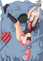 Rule 34 | 1girl, armpits, arms up, ass, bare legs, bare shoulders, bdsm, blue eyes, blue hair, bondage, bound, breasts, cameltoe, cleavage, creature, creatures (company), dawn (pokemon), embarrassed, game freak, gen 4 pokemon, grabbing another&#039;s hair, head wreath, imminent rape, kneehighs, long hair, looking at another, looking at viewer, majin (marcia), miniskirt, nintendo, panties, plant monster, pokemon, pokemon (creature), pokemon dppt, sexually suggestive, shiny skin, simple background, size difference, skirt, smile, socks, spread legs, standing, suspension, sweat, tangrowth, tentacles, trapped, underwear, undressing, white background, white panties