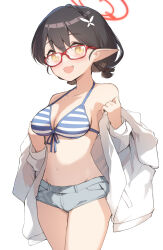 Rule 34 | 1girl, alternate costume, ayane (blue archive), ayane (swimsuit) (blue archive), bare shoulders, bikini, bikini top only, black hair, blue archive, blue bikini, braid, breasts, cleavage, collarbone, crown braid, denim, denim shorts, glasses, grey shorts, hair between eyes, hair ornament, halo, halterneck, highres, jacket, looking at viewer, low twintails, medium breasts, micro shorts, miya kazutomo, navel, off shoulder, official alternate costume, pointy ears, rectangular eyewear, red-framed eyewear, red halo, short hair, short twintails, shorts, simple background, solo, striped bikini, striped clothes, swimsuit, thighs, twintails, white background, white jacket, yellow eyes