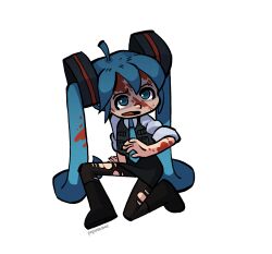 Rule 34 | 1girl, ahoge, black footwear, black skirt, blood, blood on face, blue eyes, blue hair, blue necktie, boots, bulletproof vest, collared shirt, full body, hair ornament, hatsune miku, highres, long hair, looking afar, medium bangs, necktie, open mouth, pantyhose, paperisfood, pencil skirt, shaded face, shirt, simple background, skirt, sleeves rolled up, solo, squatting, torn clothes, torn pantyhose, transparent background, twintails, very long hair, vocaloid, white shirt