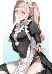 Rule 34 | 1girl, apron, aqua eyes, black gloves, black panties, black thighhighs, breasts, brown hair, clothes lift, deras, dress, dress lift, felicia (fire emblem), fingerless gloves, fire emblem, fire emblem fates, frills, gloves, grin, highres, lifted by self, long hair, looking at viewer, maid, maid apron, maid headdress, medium breasts, nintendo, panties, ponytail, smile, solo, thighhighs, underwear