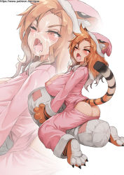 Rule 34 | 1girl, animal ears, animal hands, animal print, ass, blush, breasts, brown eyes, brown hair, bursting breasts, butt crack, commentary, cum, english commentary, facial, fangs, full body, gao (gaolukchup), gloves, gradient hair, grey hair, hat, highres, huge breasts, long hair, medium hair, multicolored hair, nipples, no bra, no panties, one eye closed, open mouth, original, pajamas, patreon username, paw gloves, paw shoes, punching bag, shoes, solo, straddling, tail, tears, tiger ears, tiger print, tiger tail, torn clothes, watermark, web address, yawning, zoom layer