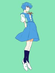 Rule 34 | 1girl, ayanami rei, blue hair, color background, female focus, neon genesis evangelion, school uniform, simple background, tokyo-3 middle school uniform