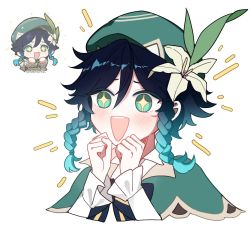 Rule 34 | 1boy, androgynous, annlin, aqua hair, black hair, blush, braid, cape, collared cape, derivative work, flower, frilled sleeves, frills, genshin impact, gradient hair, green cape, green eyes, green headwear, hands up, hat, hat flower, long sleeves, meme, multicolored hair, multiple views, open mouth, reference work, short hair with long locks, side braids, simple background, smile, sparkling eyes, twin braids, venti (genshin impact), white background, white flower