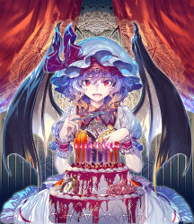 Rule 34 | 1girl, bat wings, cake, candle, curtains, fang, fingernails, flower, food, fork, fruit, hair between eyes, hat, hat ribbon, holding, indoors, looking at viewer, mob cap, nail polish, open mouth, pocket watch, puffy short sleeves, puffy sleeves, purple hair, red eyes, red nails, red ribbon, remilia scarlet, ribbon, rose, sharp fingernails, short sleeves, smile, solo, strawberry, touhou, watch, white hat, wings, wrist cuffs, zounose