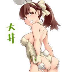 Rule 34 | 1girl, adapted costume, alternate costume, alternate hairstyle, animal ears, ass, ass grab, bare legs, bow, bowtie, commentary request, cowboy shot, detached collar, from behind, gloves, grin, kantai collection, leotard, looking at viewer, ooi (kancolle), playboy bunny, ponytail, rabbit ears, rabbit tail, side-tie leotard, simple background, smile, solo, tail, udukikosuke, white background, white bow, white bowtie, white gloves, white leotard, wrist cuffs
