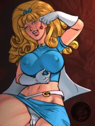 Rule 34 | 1girl, artist request, blonde hair, blue bow, blue eyes, bow, candy, cape, capitana galaxia, covered erect nipples, crop top, food, gloves, lollipop, microskirt, midriff, navel, non-web source, panties, pantyshot, skirt, solo, tongue, tongue out, underwear, white panties