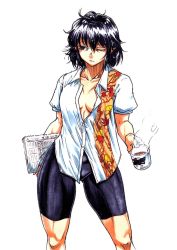 Rule 34 | 1girl, bike shorts, black eyes, black hair, breasts, coffee, coffee mug, collared shirt, cup, expressionless, hair between eyes, holding, holding paper, koyubi (littlefinger1988), leaf print, looking to the side, medium breasts, messy hair, mug, muscular, newspaper, no headwear, no pupils, one eye closed, open clothes, open collar, open shirt, paper, pointy ears, shameimaru aya, shirt, short sleeves, simple background, solo, standing, steam, thighs, toned, touhou, unbuttoned, unbuttoned shirt, white background, white shirt