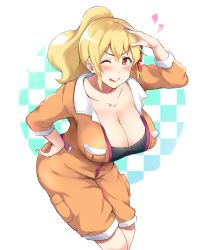 Rule 34 | &gt;;), 10s, 125buri, 1girl, ;q, blonde hair, blush, breasts, cleavage, heart, highres, huge breasts, jumpsuit, large breasts, leaning forward, long hair, looking at viewer, miru eru, one eye closed, orange jumpsuit, plastic memories, ponytail, red eyes, smile, solo, tongue, tongue out, v-shaped eyebrows