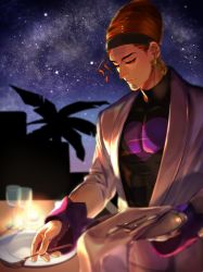 Rule 34 | 1boy, black sweater, brown eyes, brown hair, closed mouth, coat, earrings, fork, holding, holding fork, holding tray, jewelry, jojo no kimyou na bouken, knife, long sleeves, male focus, night, night sky, outdoors, palm tree, plate, sky, solo, star (sky), stardust crusaders, starry sky, sweater, table, terence t. d&#039;arby, tray, tree, turtleneck, turtleneck sweater, white coat, zouhyou (at4190)