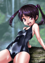 Rule 34 | 1girl, arm support, black one-piece swimsuit, blurry, blurry background, breasts, commentary request, cowboy shot, depth of field, dot nose, forest, from side, highres, log, looking at viewer, looking to the side, nature, one-piece swimsuit, open mouth, original, purple hair, red eyes, rohitsuka, school swimsuit, shiny clothes, shiny swimsuit, short hair, signature, small breasts, smile, solo, swimsuit, twintails