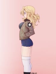 Rule 34 | 1girl, absurdres, artist name, black footwear, black shirt, blonde hair, blue eyes, blue shorts, boots, brown jacket, closed mouth, commentary, denim, denim shorts, emblem, english commentary, female focus, from side, girls und panzer, hand in pocket, highres, huge filesize, inisipis, jacket, kay (girls und panzer), long hair, long sleeves, looking to the side, micro shorts, military, military uniform, open clothes, open jacket, pink background, saunders military uniform, shirt, shorts, signature, simple background, smile, solo, standing, star (symbol), thighhighs, uniform, white thighhighs